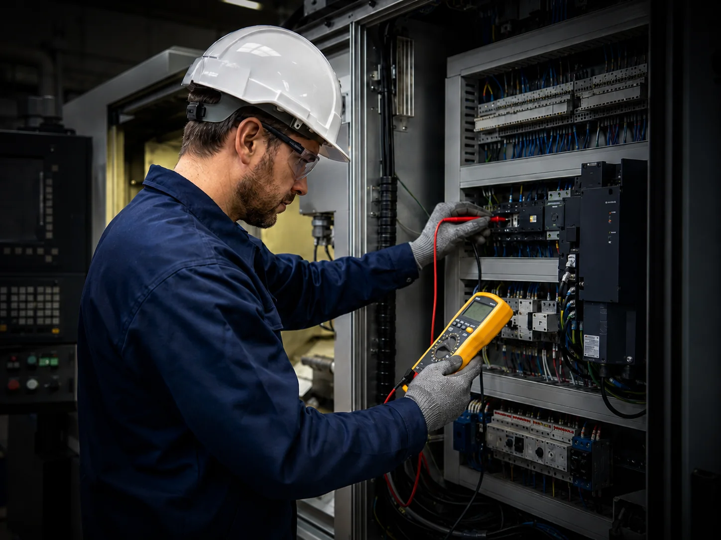 Technician troubleshooting a CNC electrical cabinet